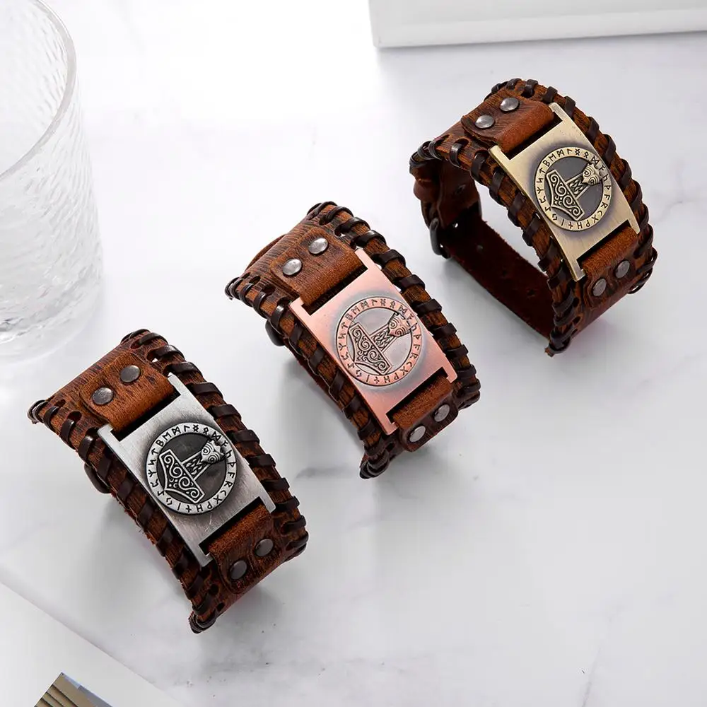 Skyrim Thor Hammer Genuine Leather Bracelets Men Holy Patron 24 Nordic Runes Amulet Button Snap Slavic Bracelet Bangle bangle bracelet leather bracelet leather bracelets