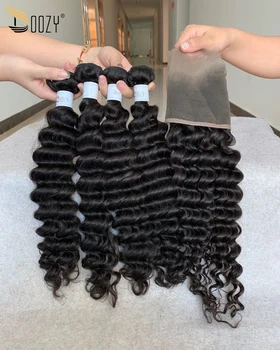 

Doozy Hair Peruvian Hair Deep Wave 4 Bundles With Frontal Human Virgin Hair