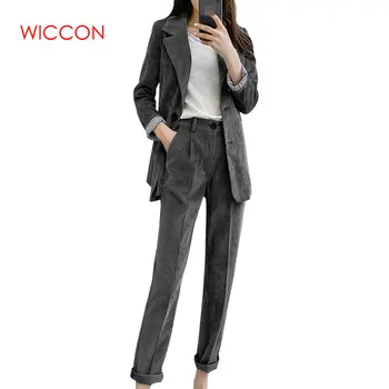 

2020 Spring New Pant Suits Women's Cotton Blazer Two Piece Sets Notched Collar Casual Female Clothing Green Single Breasted
