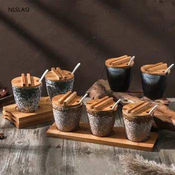 

Japanese-style ceramic seasoning jar set combination with spoon lid seasoning bottle hotel restaurant salt shaker chili bottle