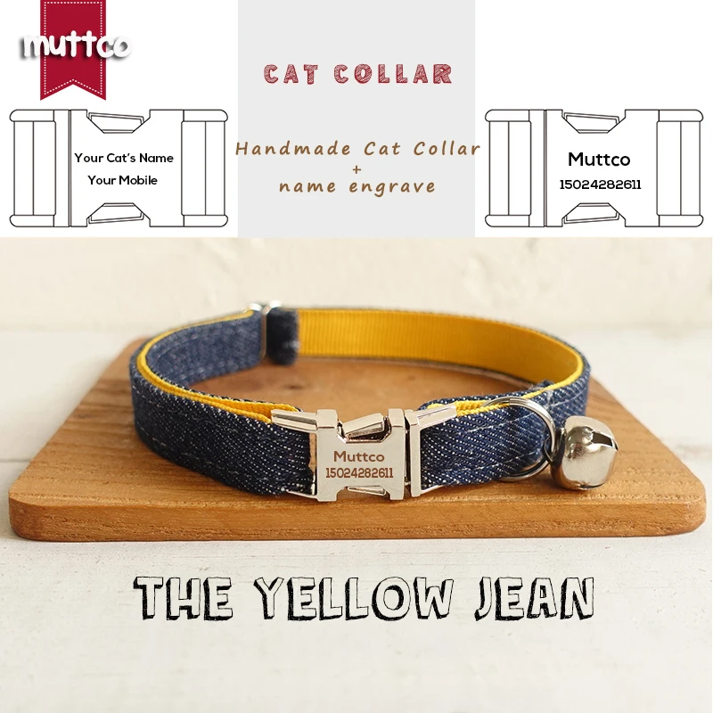 

MUTTCO retailing self-design handmade engraved metal buckle cat collar THE YELLOW JEAN mazarine and yellow 2 sizes UCC037