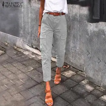 

2020 Autumn Solid Work Overalls Pants ZANZEA Women Casual Zipper Cargo Pantalon Fashion Cotton Pockets Cropped Trousers Female