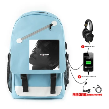 

SuperM Kpop Backpack Cool College School Style Green Blue Color Fashion Harajuku Printed Shoulder with USB Bag Travel Backpack