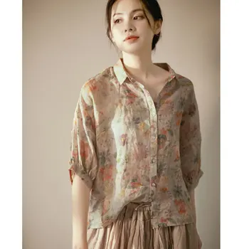 

light and ramie lapel shirt female summer new design feeling restoring ancient ways printing short sleeve blouse