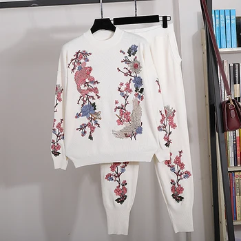 

Fashion Autumn Winter Tracksuit Women Casual Embroidery Pullover Knit Sweater + Harem Pants Suit Loose Knitted 2pcs Female Set