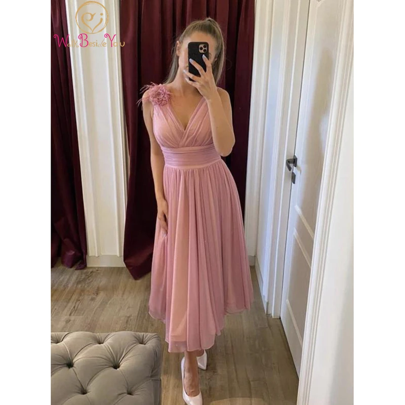 ball gown dress Walk Beside You Pink Chiffon Prom Dress 2022 Tea Length Feather Floral Pleat Sleeveless V Neck A Line Evening Gown Formal Party light blue prom dresses