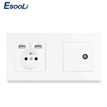 

Esooli Glass Panel French Standard Electric Socket with 2 USB + RJ45 Internet Computer Connector and Female TV Jack