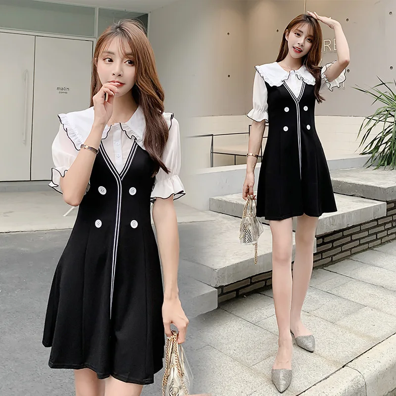 

2019 Summer Wear New Style France Non-mainstream Debutante Elegant High-waisted Slim Fit Slimming Mock Two-Piece Fold-down Colla