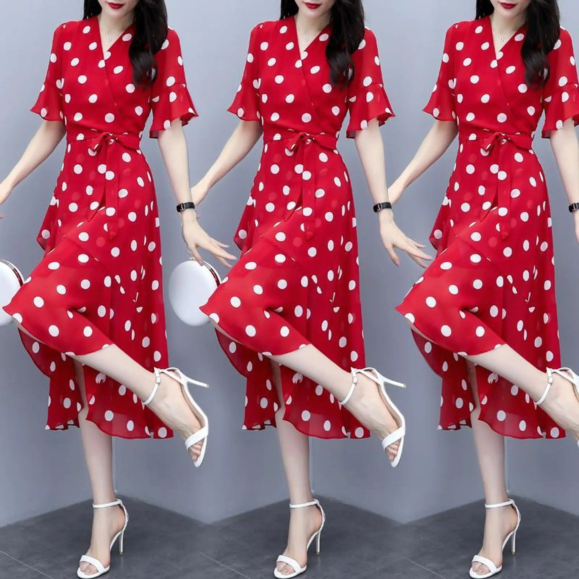 Polka Dot Dress 2020 Summer New Style V-neck Fairy Immortal Chiffon Dress Sweet Waist Hugging Slimming Dress