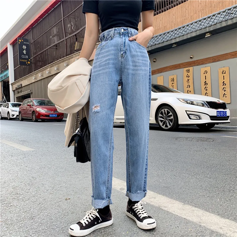 S-xl корейский шик стиль женские rippeddenim Брюки повседневные синие с высокой эластичной талией джинсы для женщин прямые брюки женские(Z8671