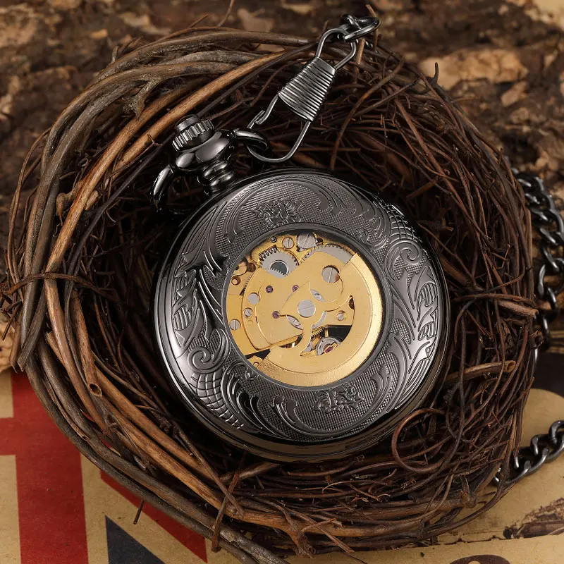 Vintage Bronze Skeleton Mechanical Pocket Watch Men Roman Dial Steampuk Hand Wind Pendant Clock Chain Watch Reloj de bolsillo