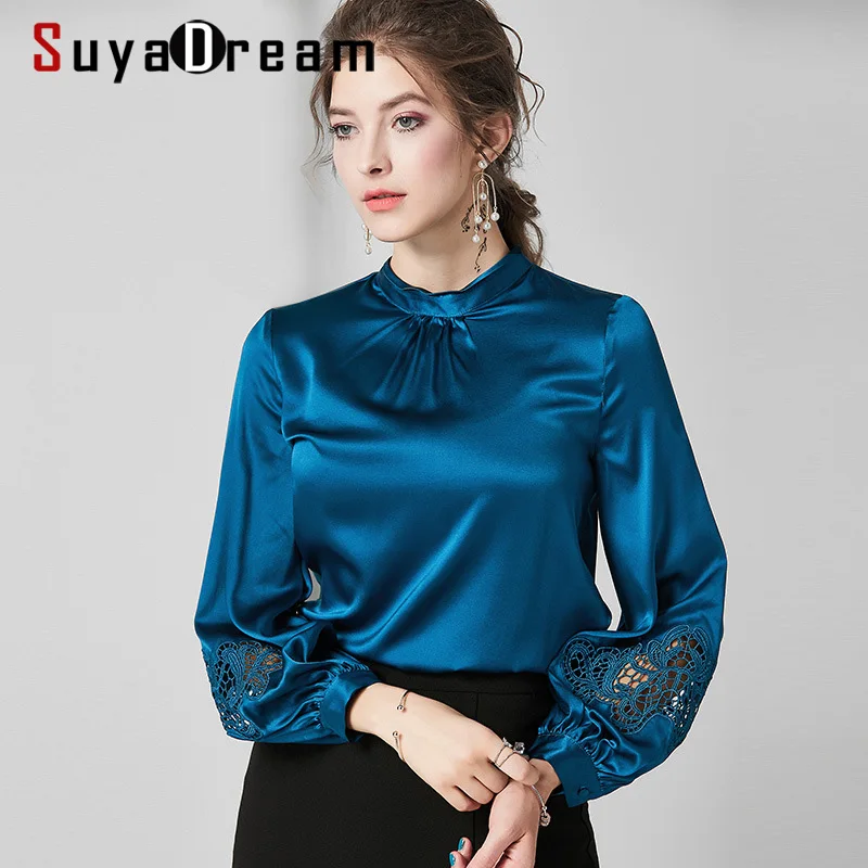 SuyaDream женские одноцветные блузки 100% шелк атлас 2020 весна выдалбливают длинный