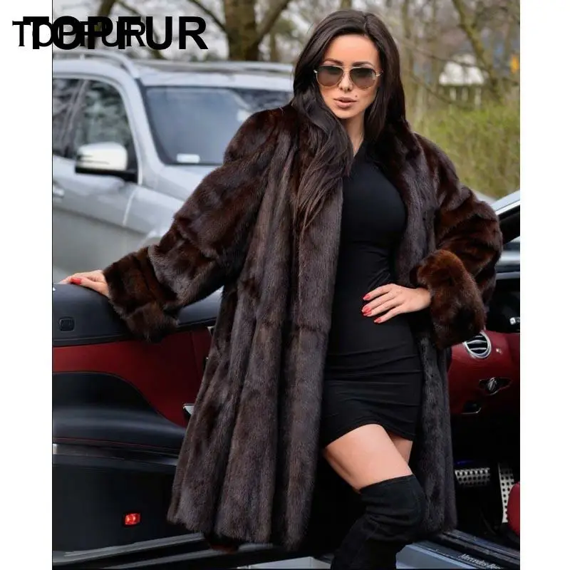 TOPFUR Новая шуба из настоящей норки для женщин X-Long 100 см Длина коричневая шуба Высокая уличная женская шуба из натуральной кожи меховые куртки