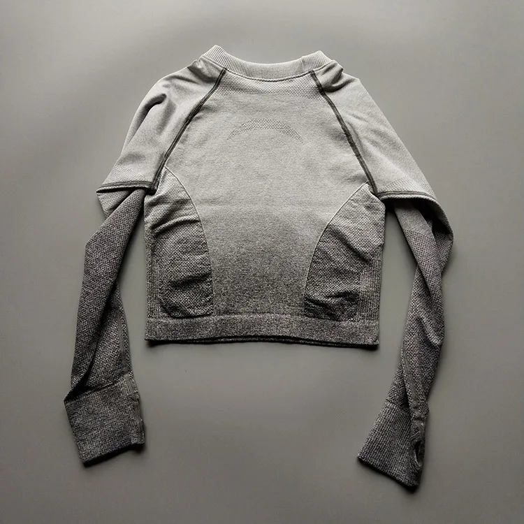 white gray GUTASHYE, новинка, женский розовый бесшовный укороченный топ с длинным рукавом, рубашки для йоги с отверстием для большого пальца, для бега, фитнеса, бесшовное для тренировки, топы, рубашки - Цвет: white gray