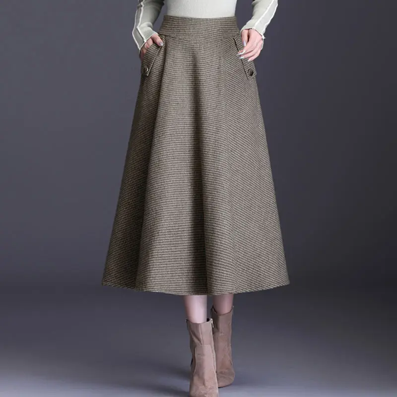 Зимние шерстяные юбки для женщин с высокой талией Для Женщин Saia размера плюс S~ 3XL винтажная клетчатая средней длины трапециевидная длинная Офисная Женская шерстяная юбка - Цвет: khaki