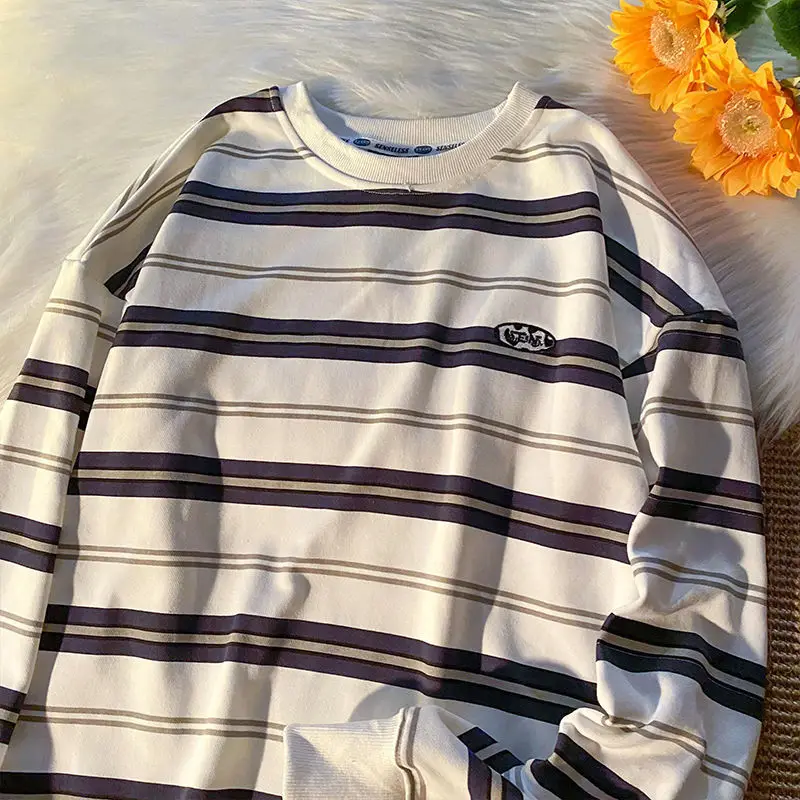

2021 Korean Fashion Striped Sweatshirt Vintage Streetwear Womens Winter Tops Hip Hop Teens Clothes O-neck Long Sleeve Hoodies