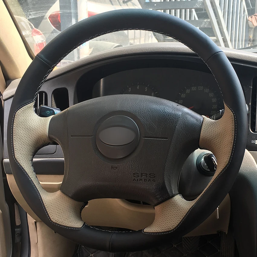 Ручная работа черный бежевый кожаный Противоскользящий чехол рулевого колеса