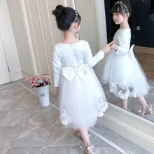 Новое Стильное платье принцессы с длинными рукавами для девочек на осень и зиму Пышное трикотажное свадебное платье с цветочным узором для мальчиков и девочек