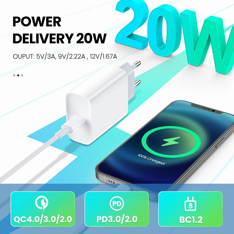 Быстрое зарядное устройство BaySerry USB C PD для iPhone 12 Pro Max 11 Xr Xs 20 Вт QC 3 0 4 EU Type Samsung