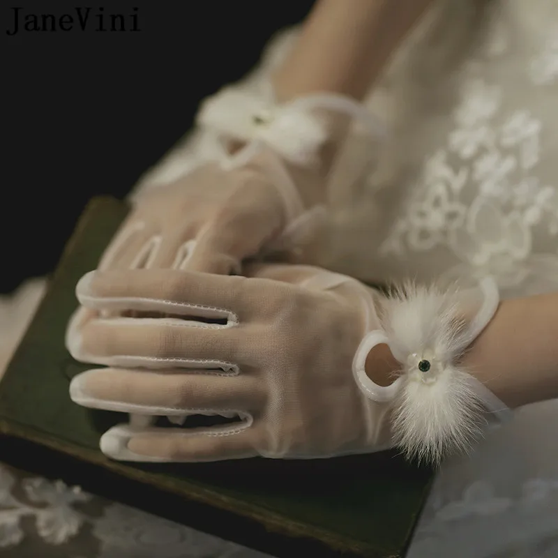 JaneVini Sexy Sheer Tulle Woman Weeding Gloves Short Wrist Length Wedding Gloves for Bride Pearl Bridal Dance Party Gloves 2021