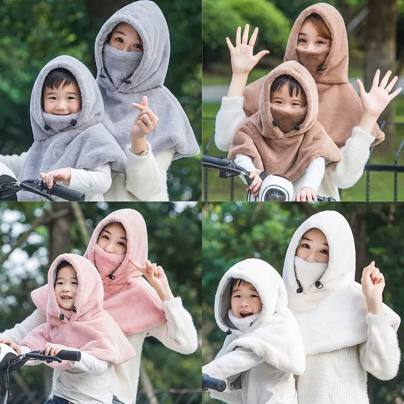 

Unisex Kids Adult Girl Mom Hats Cape Shawl Velvet Children Riding Bike Windproof Cover Face Outdoor Warm Autumn Winter Hats