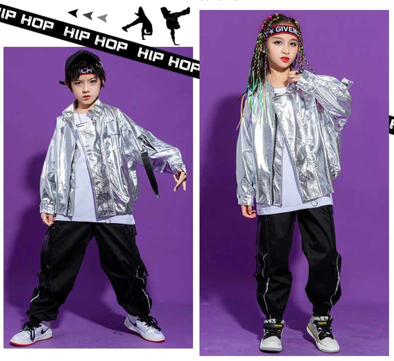 Children Jazz Hip Hop Dance Costume Silver Jacket Black Pants For Girls Street  Dance Hiphop Outfit Stage Performance Wea Color 3pcs size 180cm