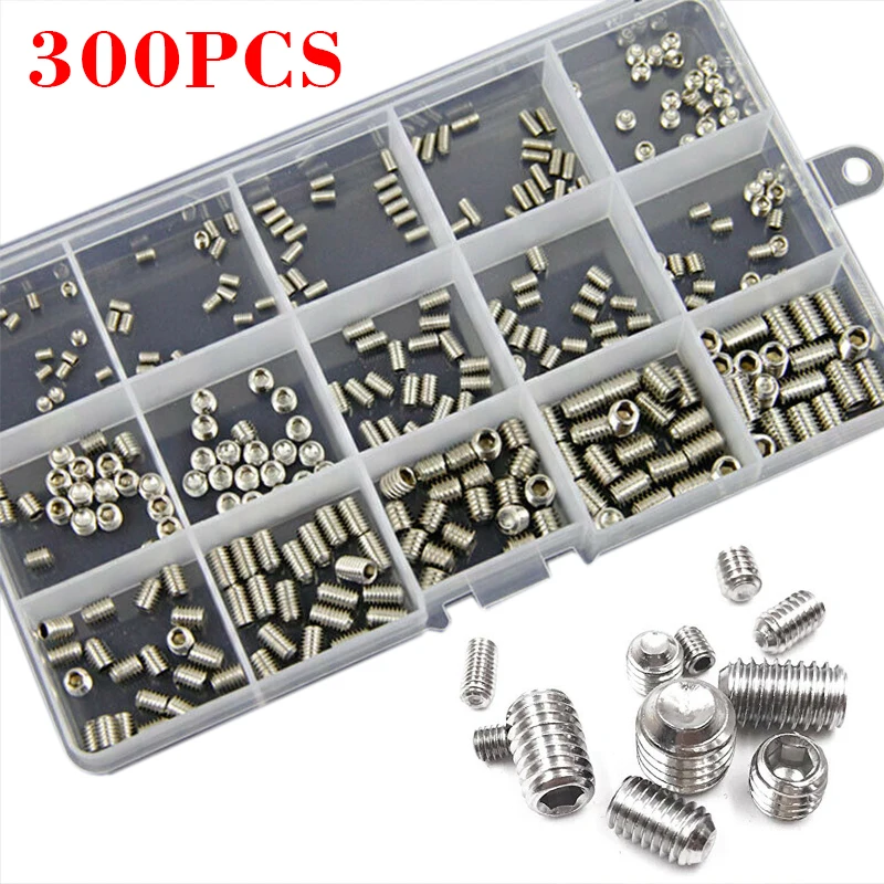300pcs Head Socket Hex Grub Screw Assortment Cup Point Metric Standard Hexagonal Hexagonal Steel Allen Grub Point Screw Bolts
