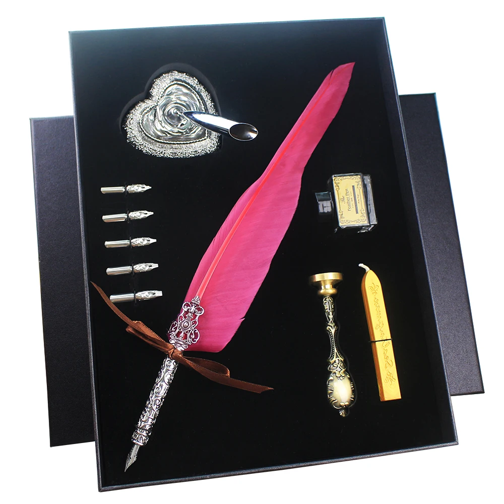 Vintage Quill Feather Dip Pen Fountain Writing Ink 5 Nibs Seal Wax Gift Box Calligraphy Stationery School Supplies | Канцтовары для