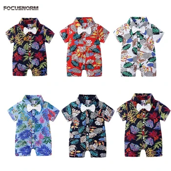

0-24M Summer Infant Baby Boys Gentleman Rompers Bow Flowers Print Short Sleeve Jumpsuits 5 Colors