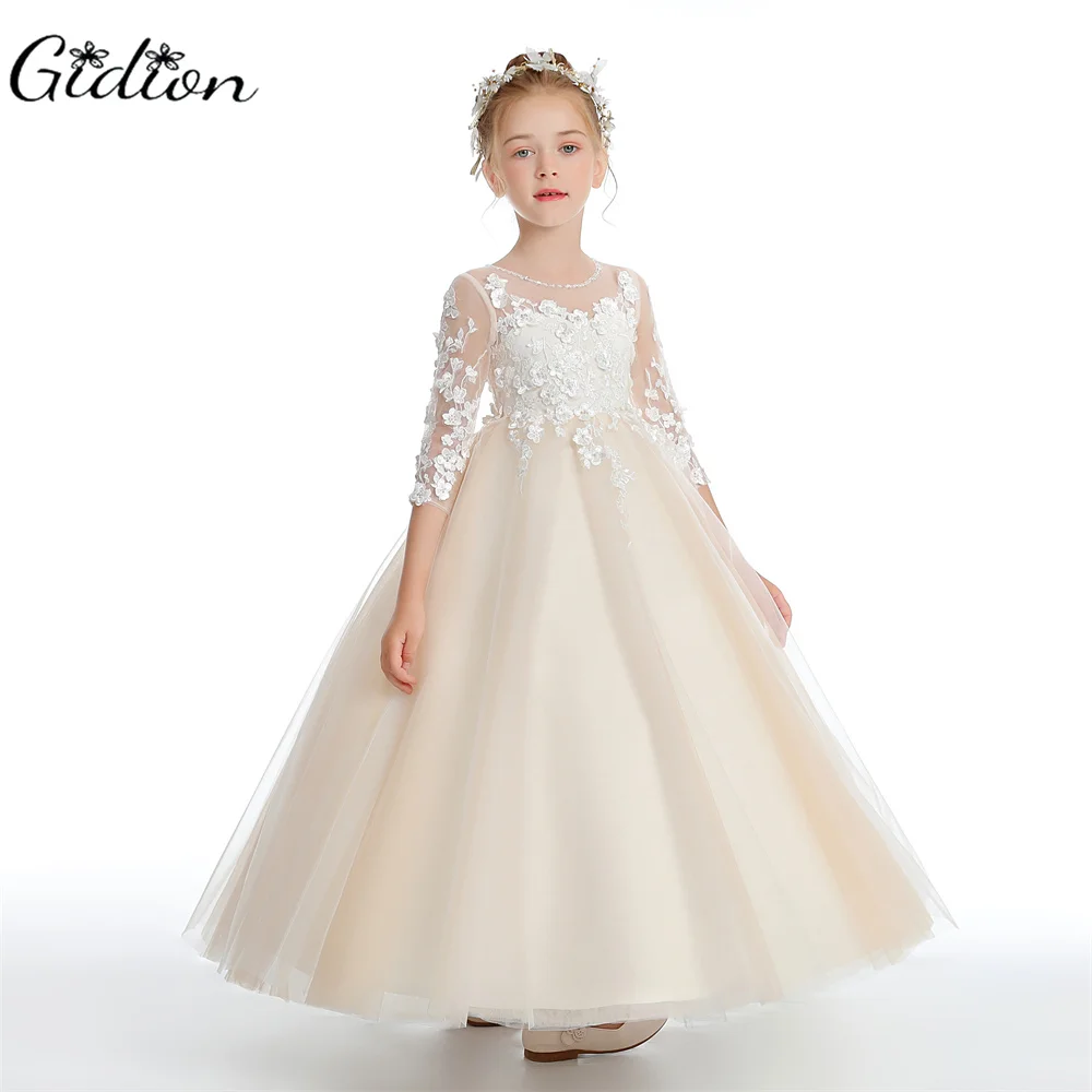 Puffy Tulle Appliques Baby Ball Gown Flower Girl Dresses Long Sleeve Princess Dress Wedding Party Dress First Communion