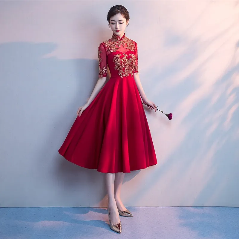 Темно-Красное длинное платье невесты Cheongsam бальное платье восточные женские свадебные Qipao элегантный в китайском стиле Вечерние платья Vestido XS-3XL