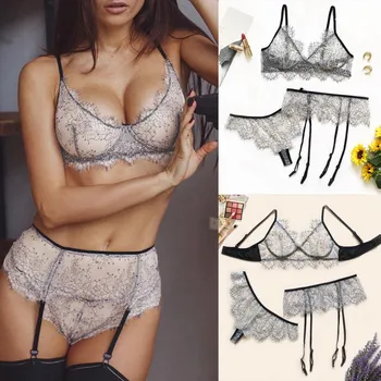 

3PC wonen's underwear sexy lingerie underpants women's underpants slip panties Exquisite Eyelash Lace Bra + G-String + Garter