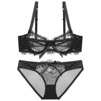

Fashion Embroidery Bras Underwear Women Set Plus Size Lingerie Sexy C D Cup Ultrathin Transparent Bra Panties Lace Bra Set Black
