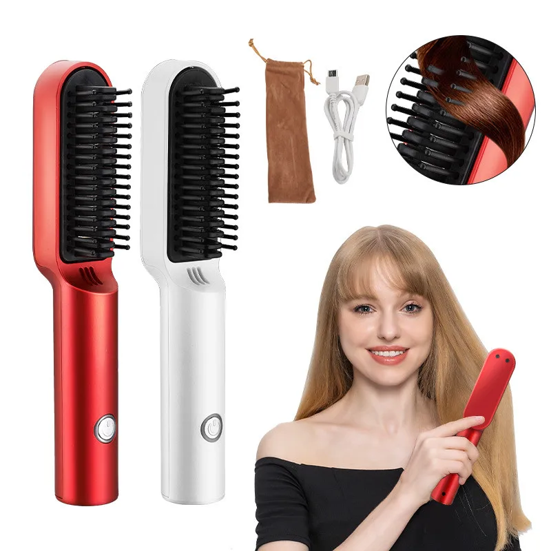 USB 2 In1 Mini Hair Straightener Portable Hot Air Comb Rechargable