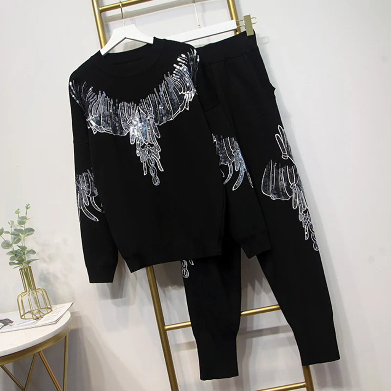 HIGH STREET стильный осень зима Подиум костюм набор женский расшитый блестками свитер с бисером вязанные брюки набор