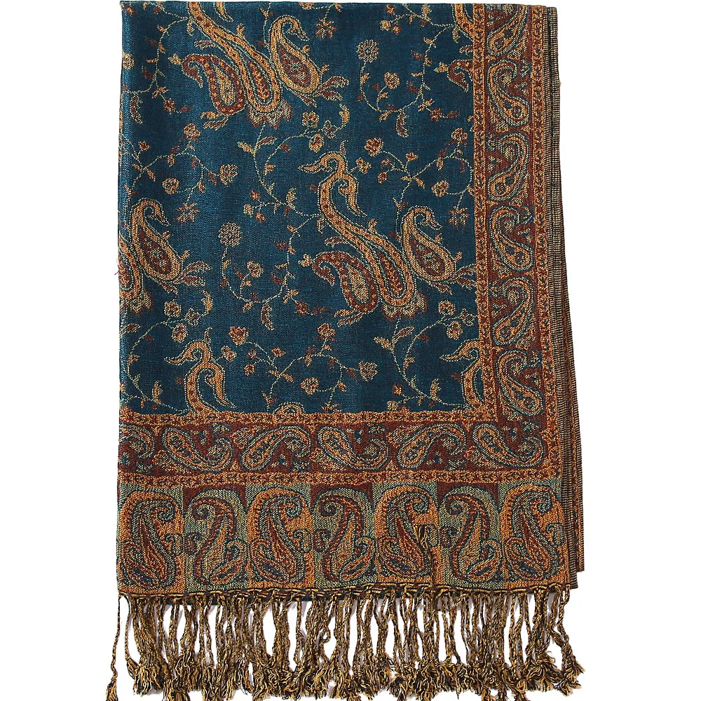 Pashmina Silk Scarf Shawl Wrap Paisley Jacquard Flowers Borders Rave 2 Layers Reversible Classic Tassels For Women 70X180cm 200g 3