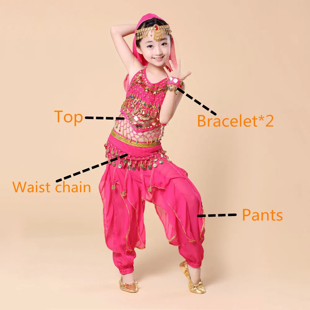 Rose 4pcs Детский костюм для танца живота, Болливуд, восточное платье для танца живота, комплект, индийский, Египетский, Египетский костюм, штаны, топ, Одежда для танцев для девочек, 5 шт - Цвет: Rose 4pcs