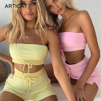 

Articat Sexy Two Pieces Set Women Strapless Drawstring Crop Tops And Slim Shorts Suit 2020 Summer Casual Clothes 2 Piece Outfits