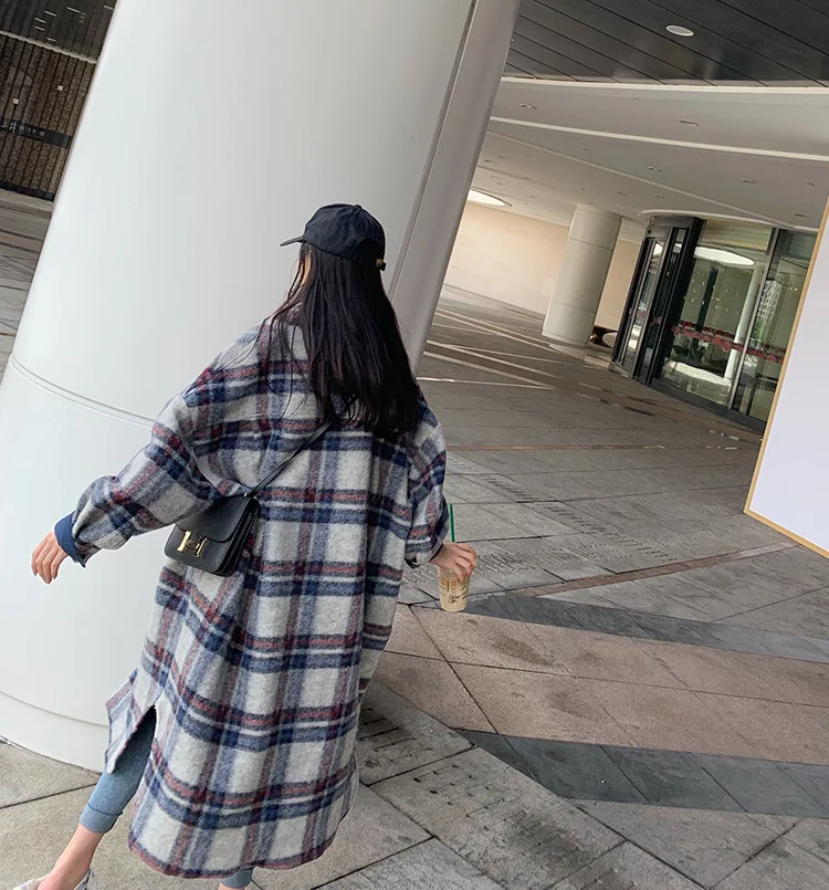 Women Elegant Woolen Coat Plaid Print Wool Turn Down Collar OG0696