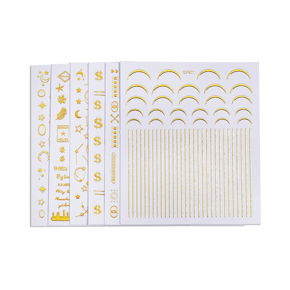 

6pcs/lot Nail Sticker Decals Gold 3D Sticker Decals Moon Magic-wand Feather Round-Designs Sticker DIY Nail Tip Art Decor Sticker