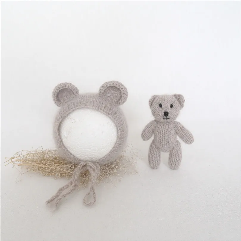 Handknitted Grey Bear Hat Set for Newborns Crochet Stuffed Teddy Toy Lovely Mini Animal Posing Doll New born Photography | Детская