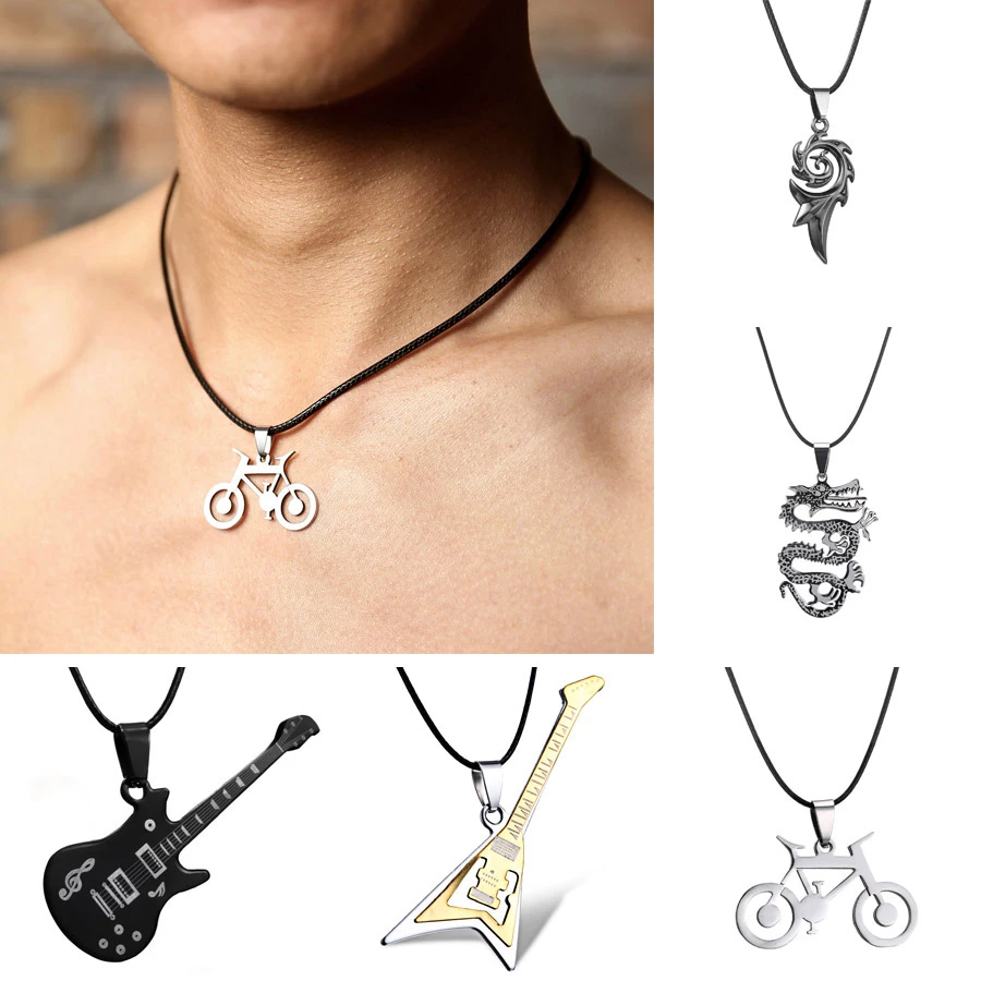 Collar de acero inoxidable para hombre, colgante de cadena de cuero para bicicleta, guitarra Pop, música, fuego, llama, dragón, joyería|Collares AliExpress
