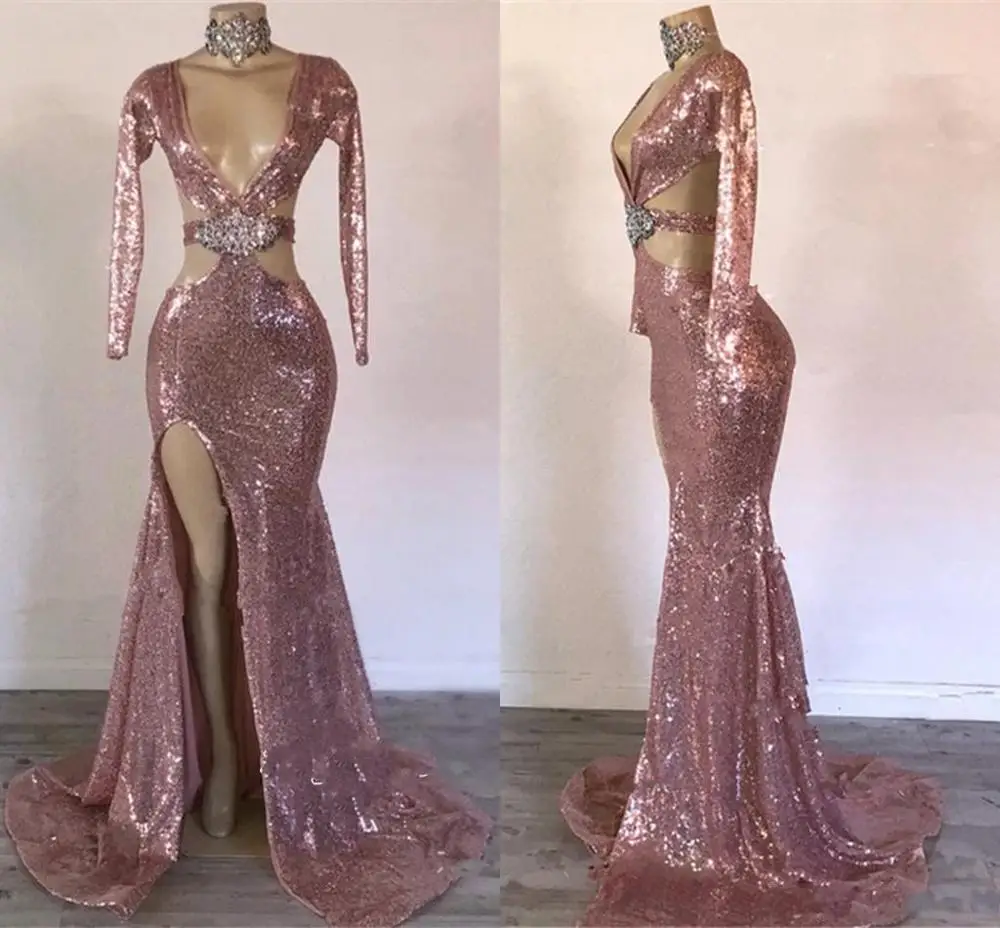 

Sexy Sequined Mermaid Prom Dresses Cutaway Sides Side Split Long Sleeves Evening Dress Sweep Train Formal Dress