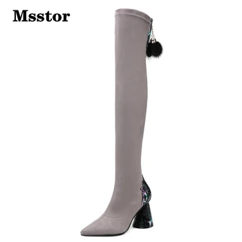 

Mixed Colors Flock Overknee Boots Black Zipper Fur Pointed Toe High Heel Boots Sexy Short Plush Strange Style Long Boots Fashion