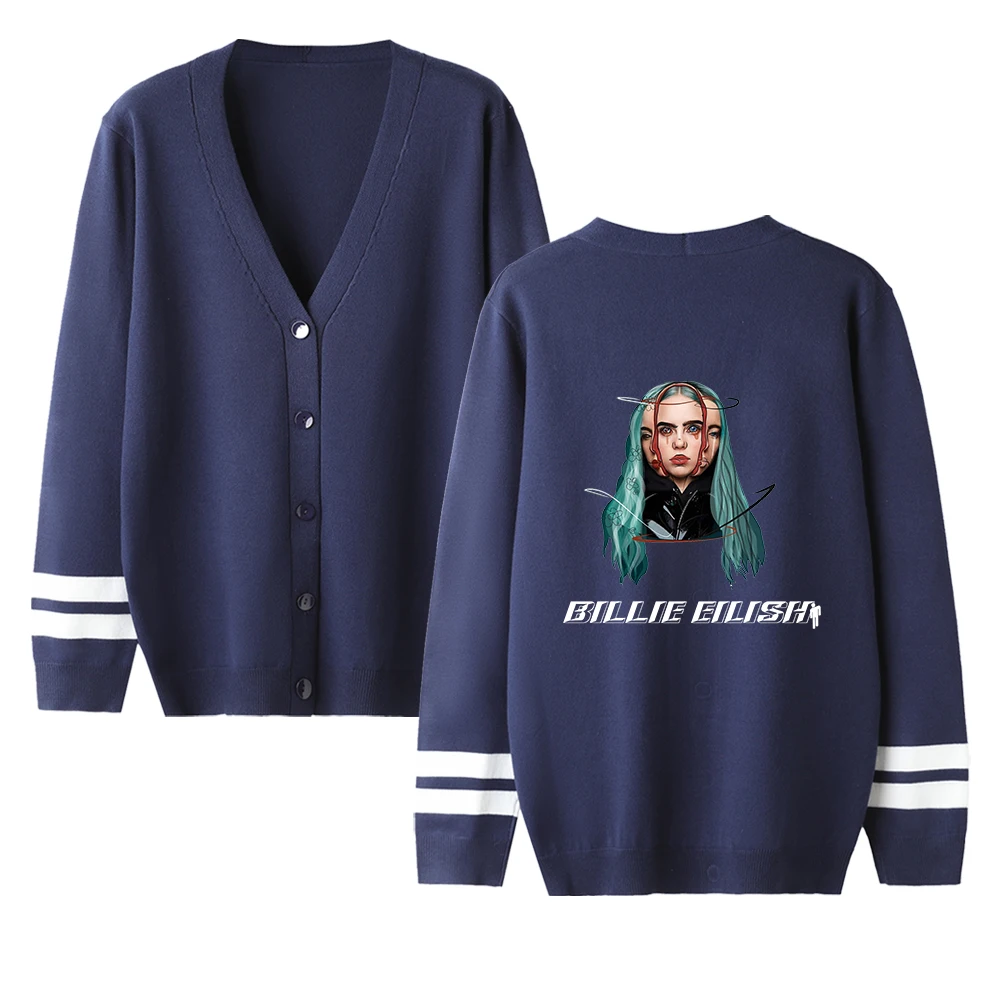 Billie Eilish Harajuku женские Свитера Осень Зима Кардиган Повседневный v-образный вырез однобортный с пышными рукавами Свободная одежда