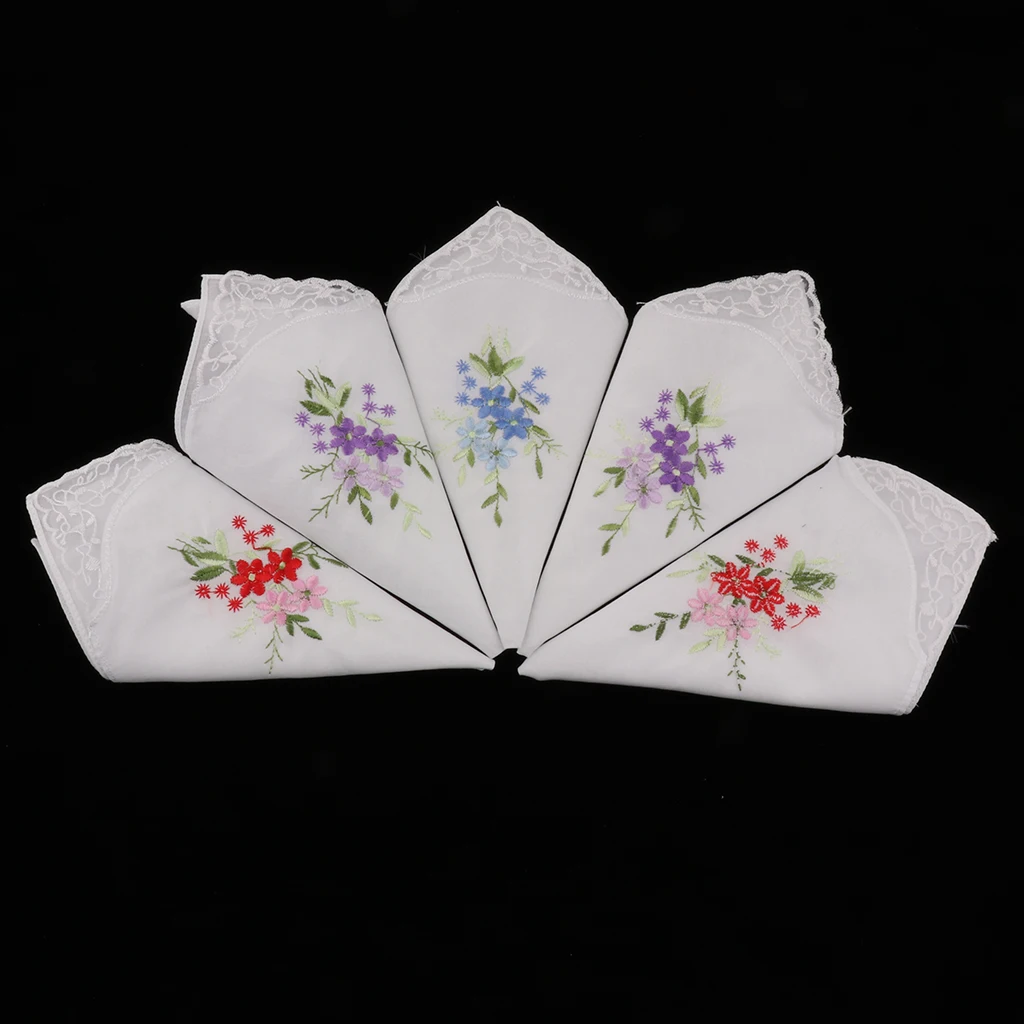 5 Pack Women Ladies Cotton Handkerchiefs Floral Embroidered with Lace Butterfly Edge