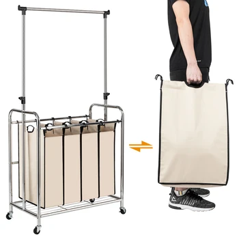 

4 Sections Electroplate Laundry Sorter with Hanging Bar Silver Edge Beige Home Laundry Basket Bucket Clothes Organizer Rack
