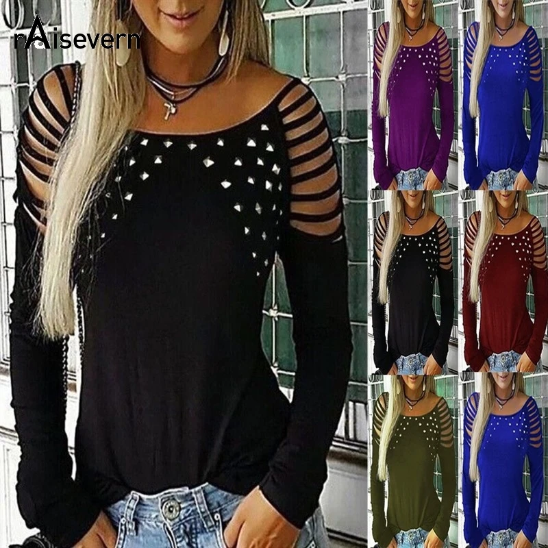 Женская футболка с круглым вырезом и заклепками длинным рукавом | одежда