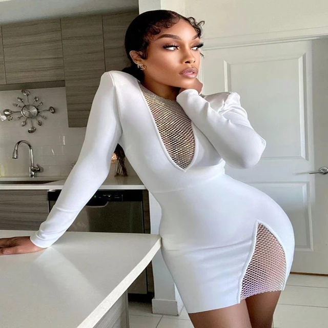 New Summer New Women's Sexy V-neck Mesh Diamond Long Sleeve Bodycon Bandage  Dress Fashion Celebrity Party Dress vestido - AliExpress