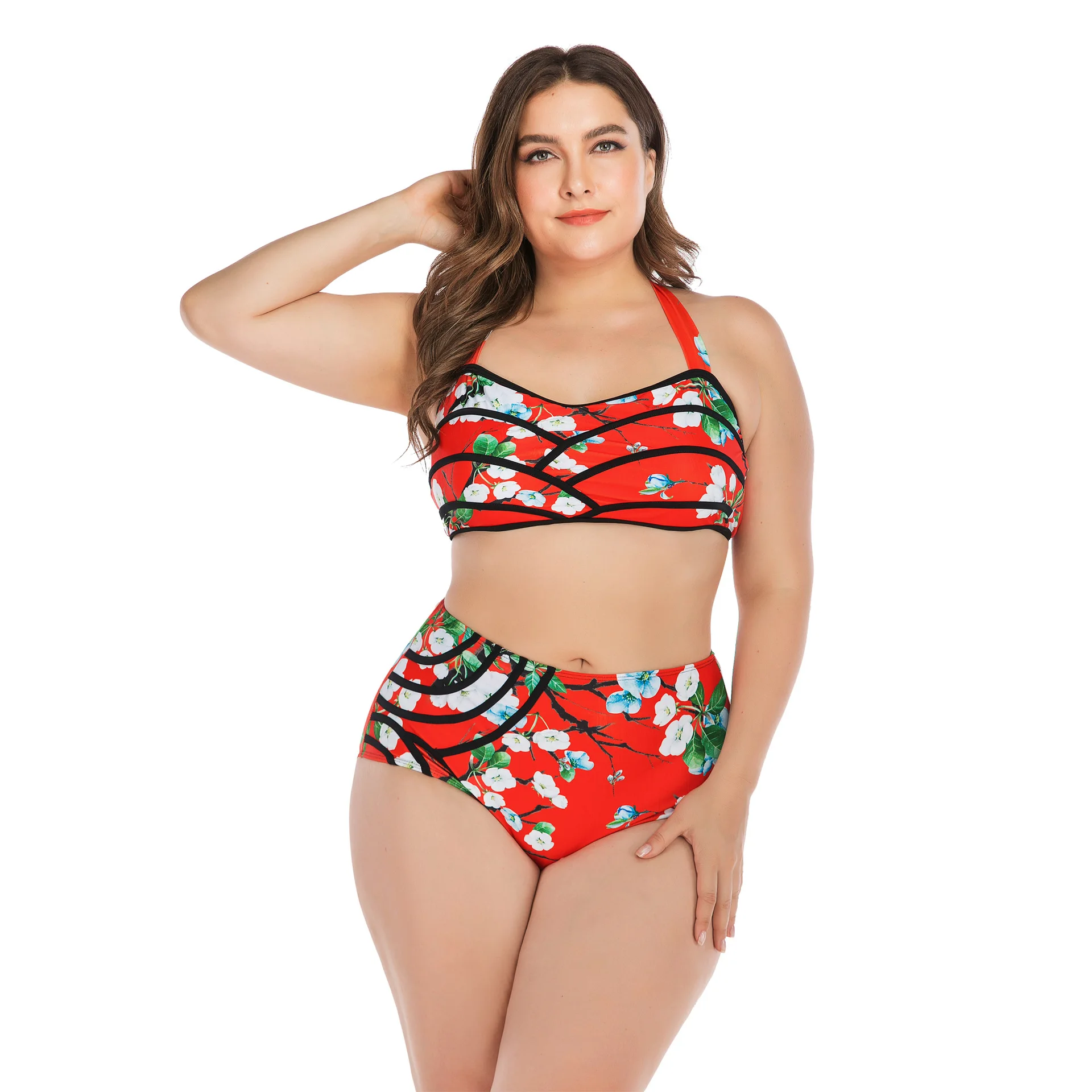 

2020 New Style Europe And America Large Size Printed Split Type Bikini Bathing Suit Plus-sized-High-waisted WOMEN'S Swimsuit